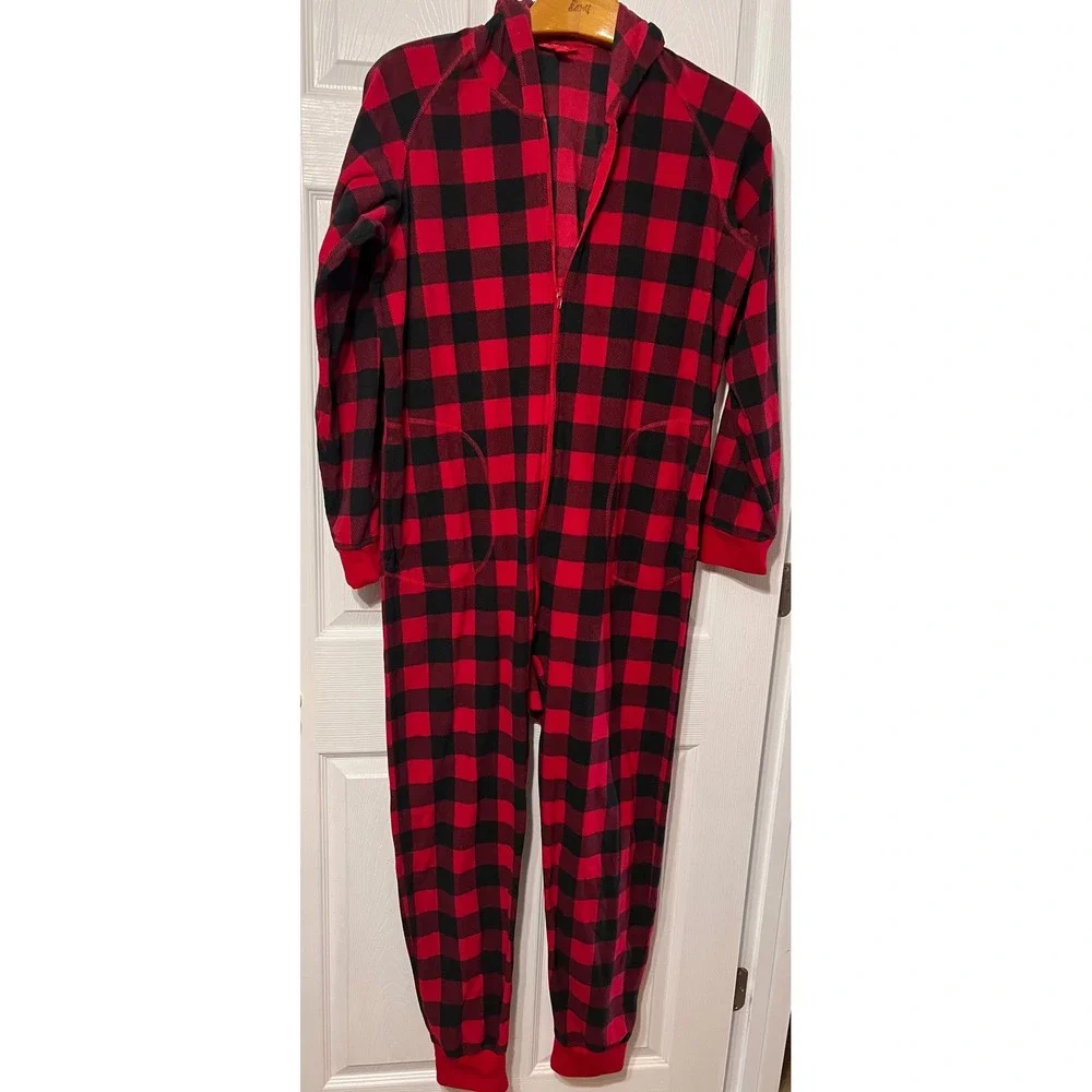 Family PJs Macys Mens M Buffalo‎ Plaid Fleece Hooded Union Suit One Piece Red